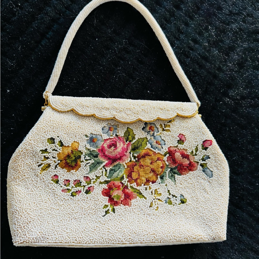 Vintage Floral Beaded Cream Handbag
